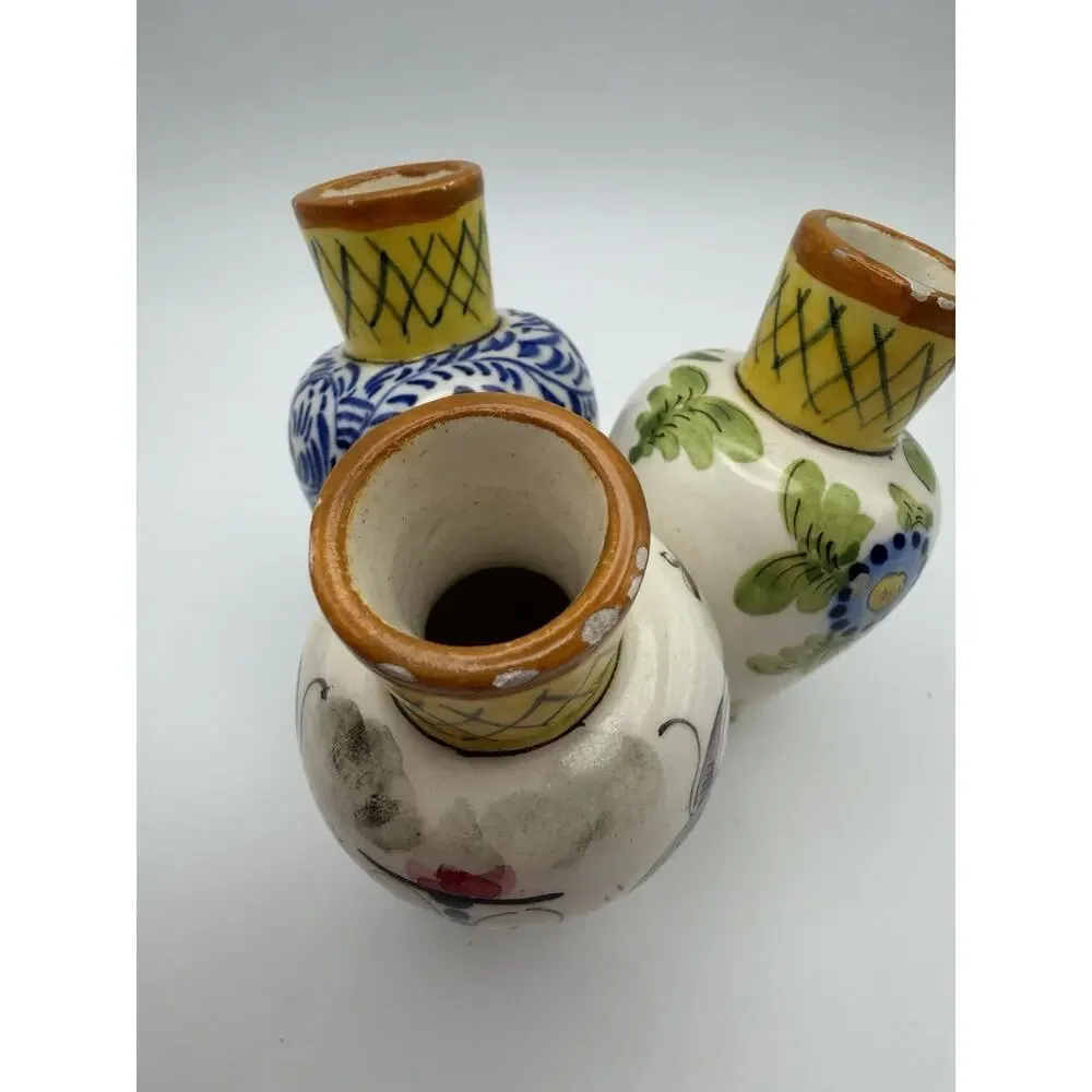 Mid-Century Modern Italian Pottery Hand Painted 3 Connected Cluster Vases
